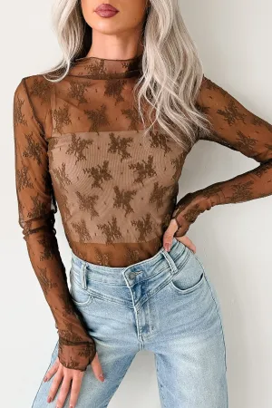 Laser Cut Edges MultiPocket Design Bold & Brave Floral Lace Long Sleeve Top (Brown)