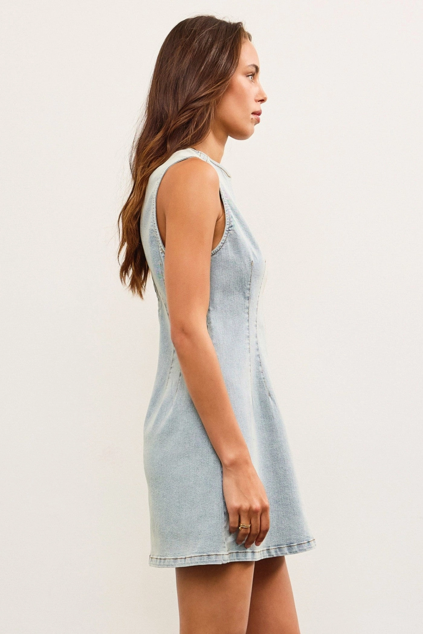 BROOKE DENIM MINI DRESS Artisanal-Detail Minimalist Waistband