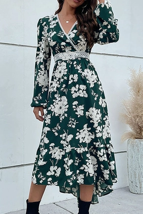 Fall Outfit Trendy midi dress FLORAL PATTERN V NECK ELEGANT DRESS