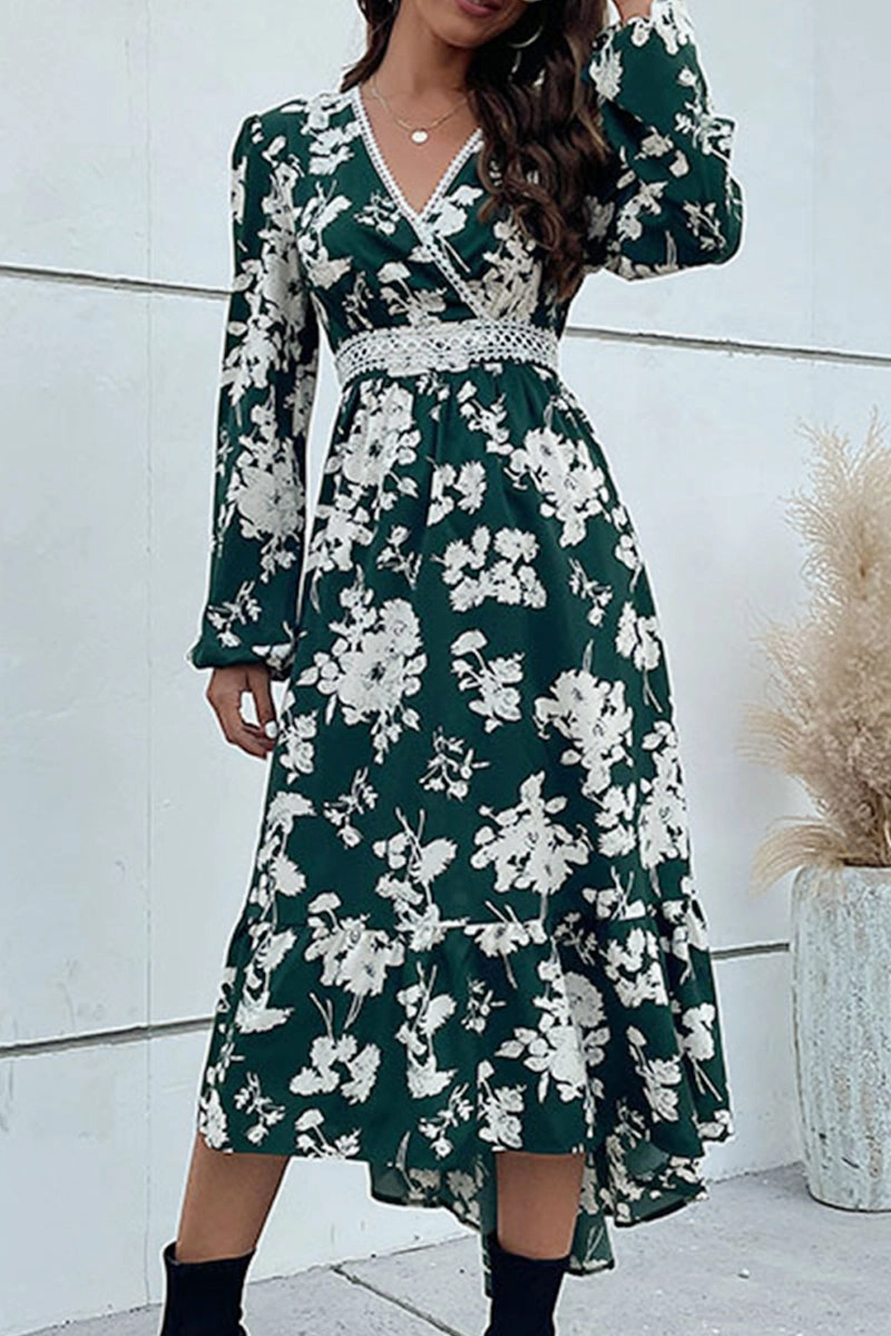 Fall Outfit Trendy midi dress FLORAL PATTERN V NECK ELEGANT DRESS