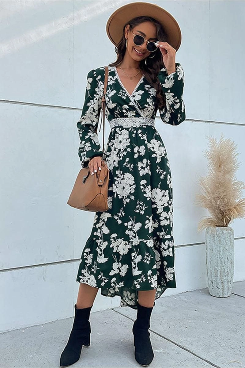 FLORAL PATTERN V NECK ELEGANT DRESS Air Layer