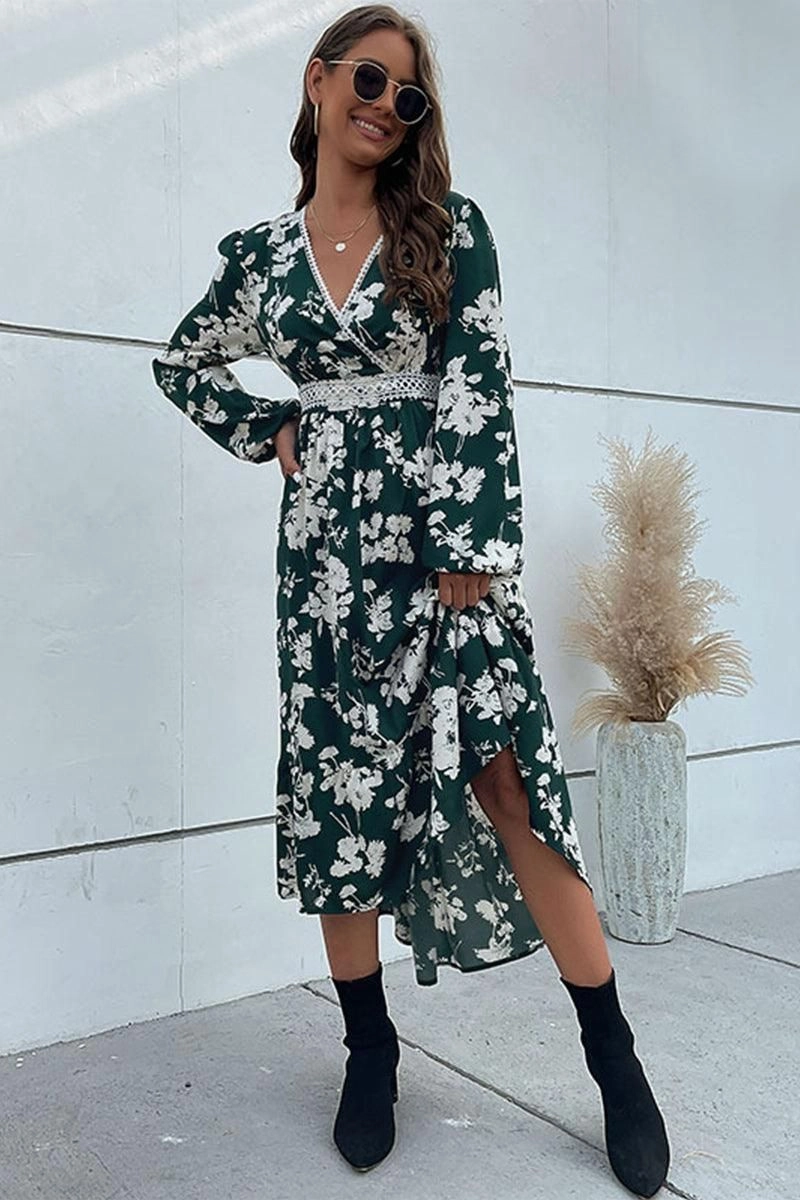 Festival-Ready Draped-Style FLORAL PATTERN V NECK ELEGANT DRESS