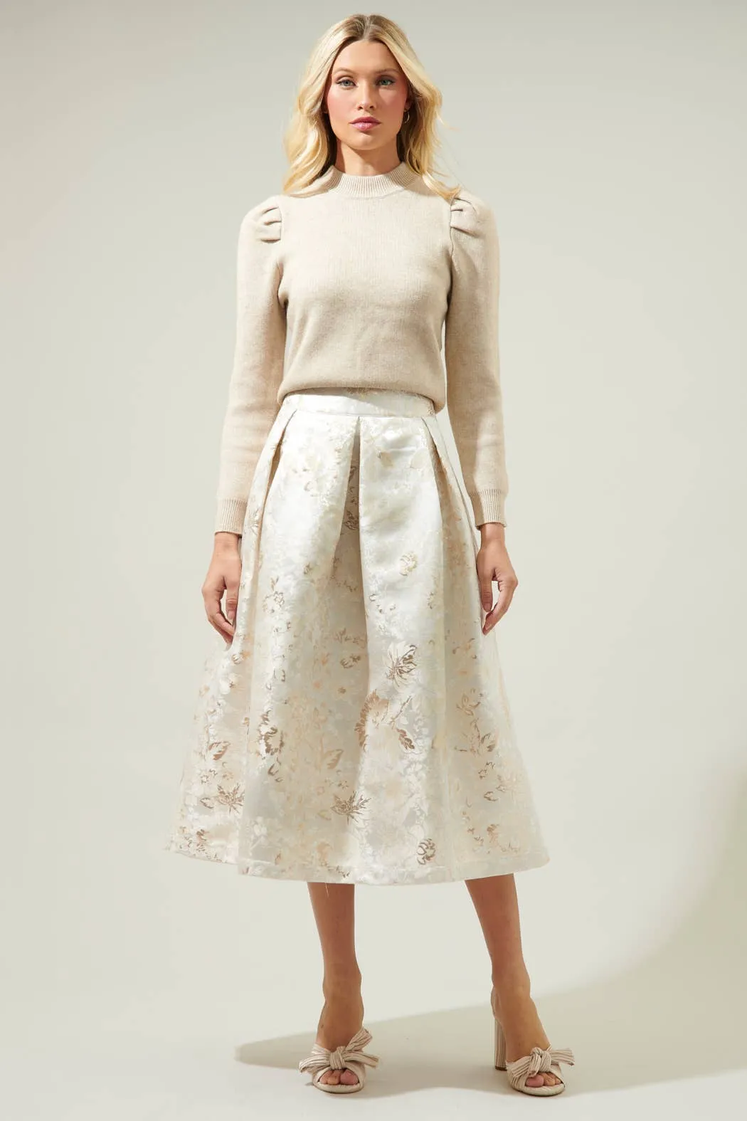 Layla Jacquard Pleated Midi Skirt in Champagne