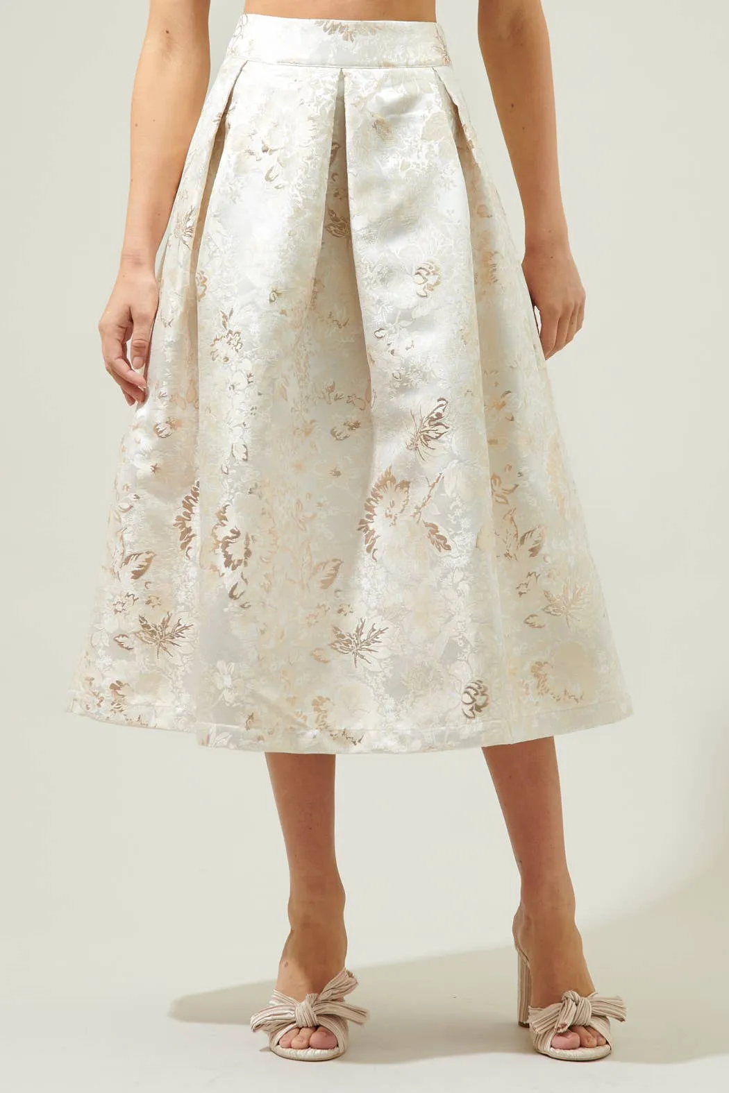 Layla Jacquard Pleated Midi Skirt in Champagne
