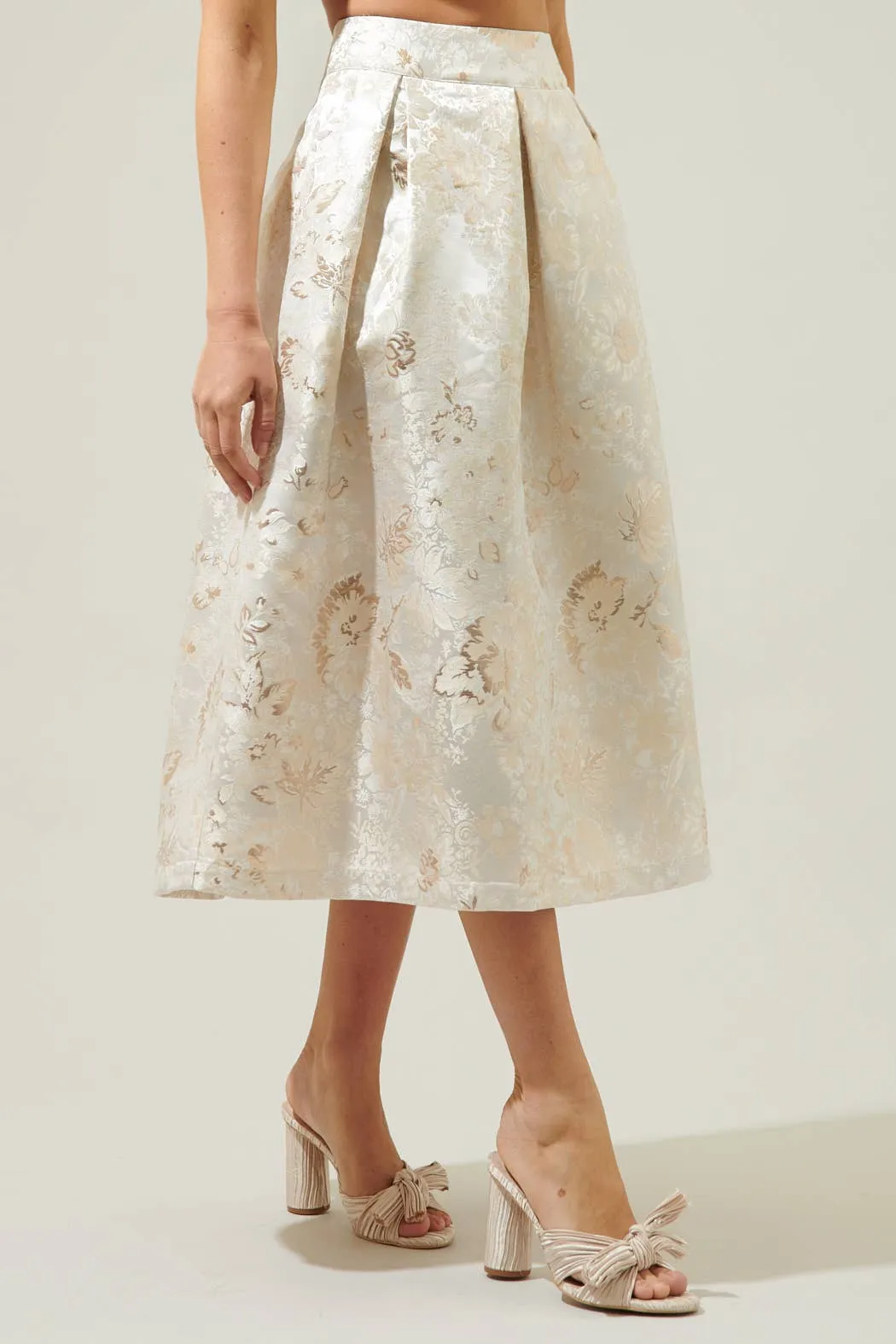 Layla Jacquard Pleated Midi Skirt in Champagne