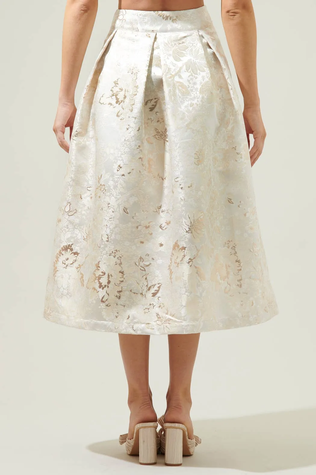 Layla Jacquard Pleated Midi Skirt in Champagne