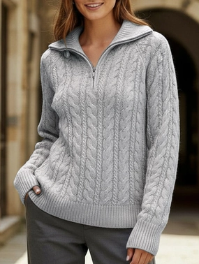 Lazy Retro Lapel Cable Zipper Sweater Ribbed Hemline AthleisureReady