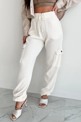 Move Friendly Leave Me Alone Cargo Waffle Knit Pants (Cream)