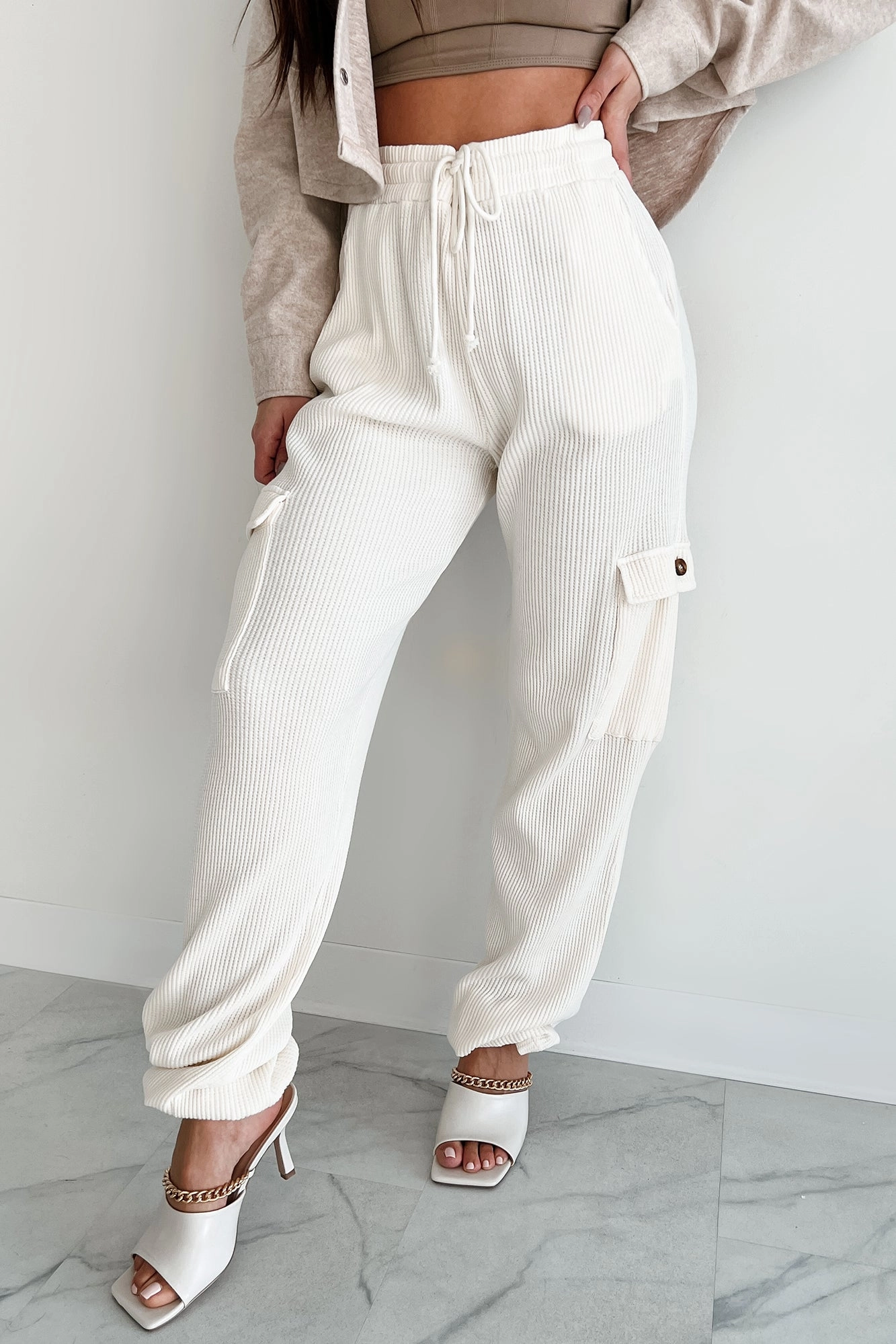 Move Friendly Leave Me Alone Cargo Waffle Knit Pants (Cream)