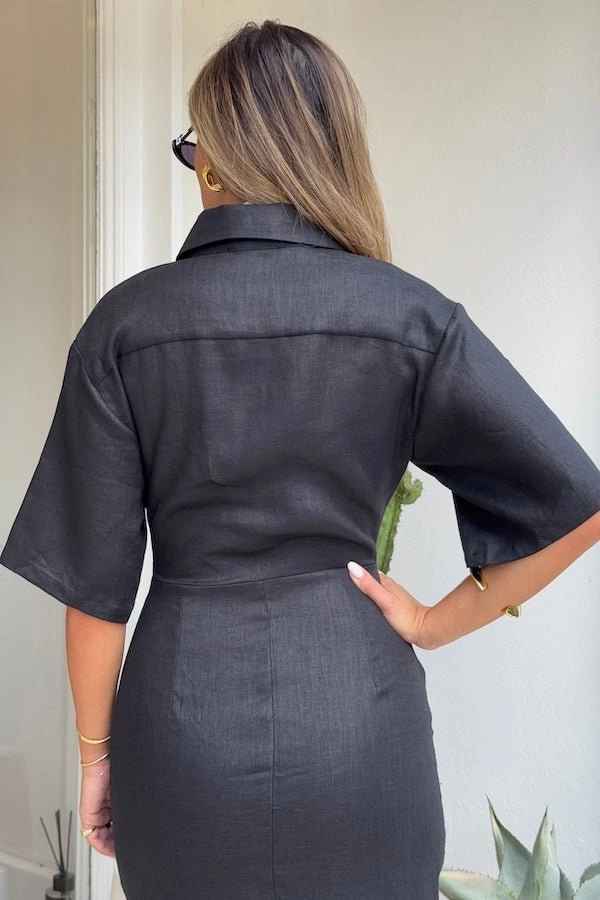 Playful Twist Light Sheen Lefka Midi Dress Black