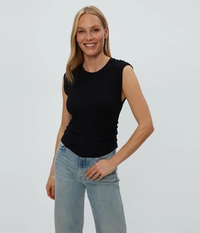 LEIGHTON CRINKLE KNIT POWER SHOULDER TOP Flexible Material