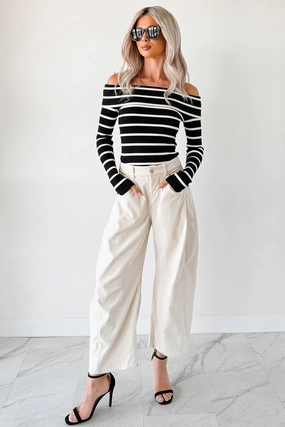 Leo Corduroy Barrel Leg Pants (Bone) Active Design Cozy Fit