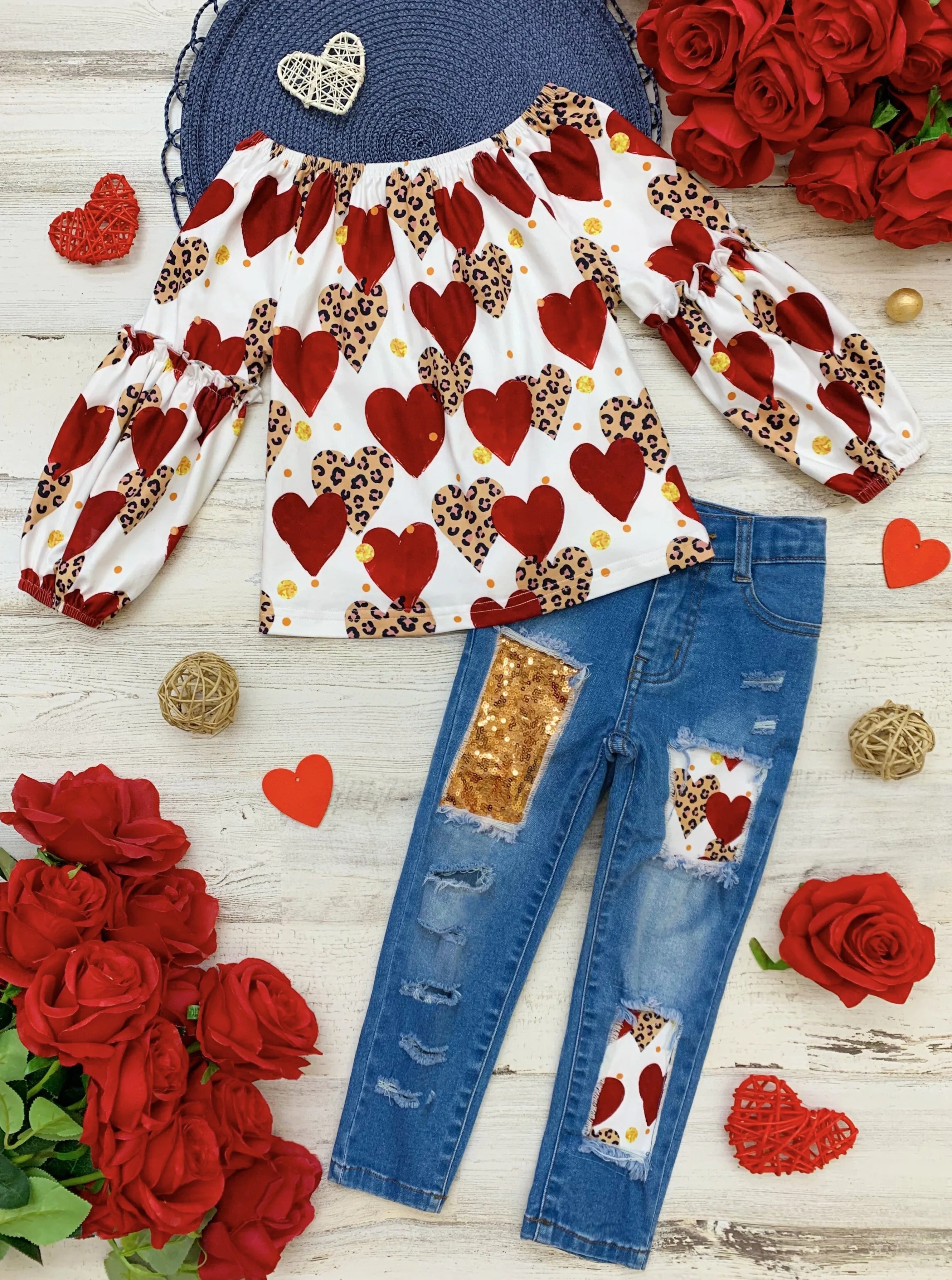Leopard Print Love Patched Jeans Set