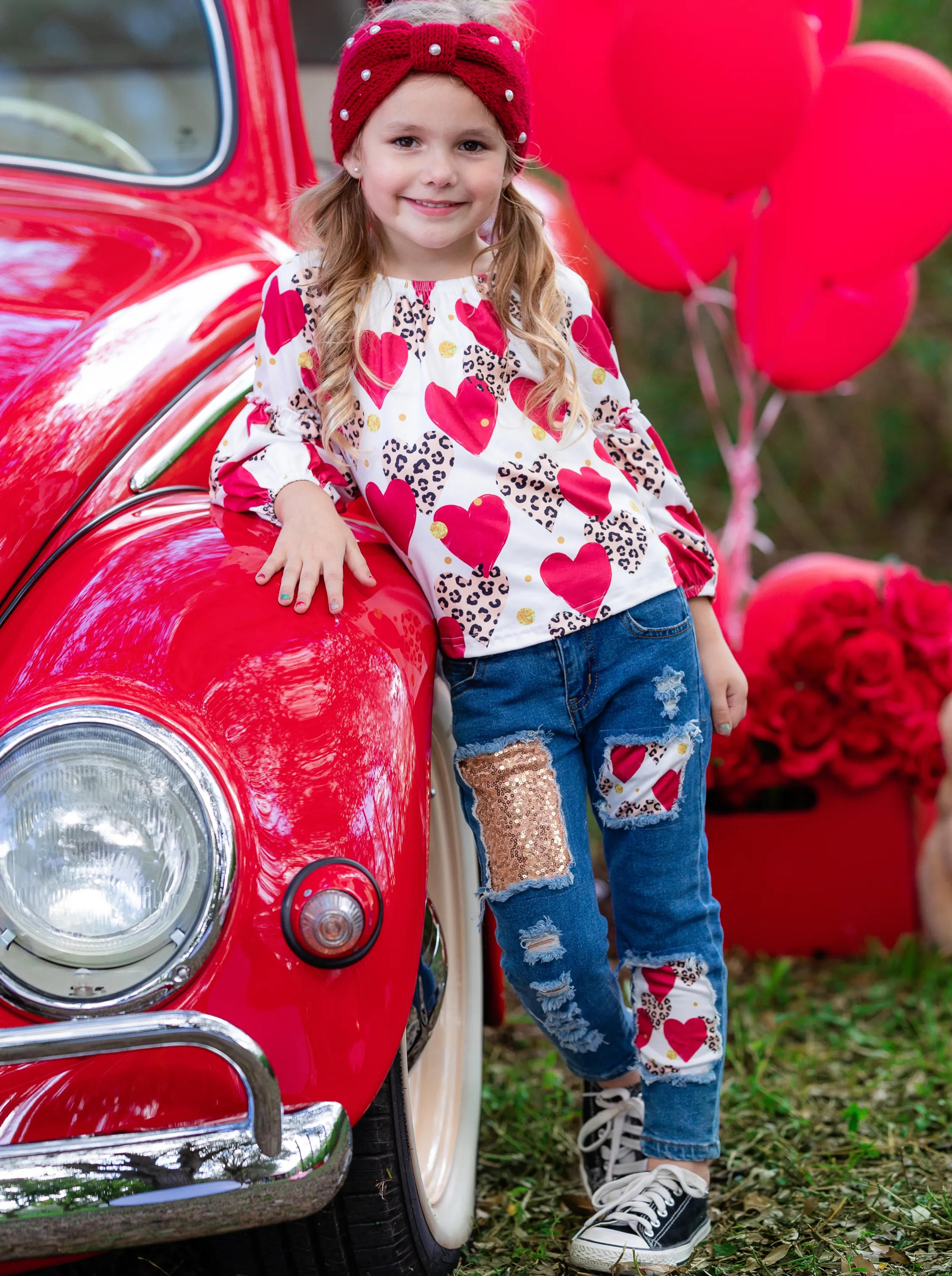 Leopard Print Love Patched Jeans Set