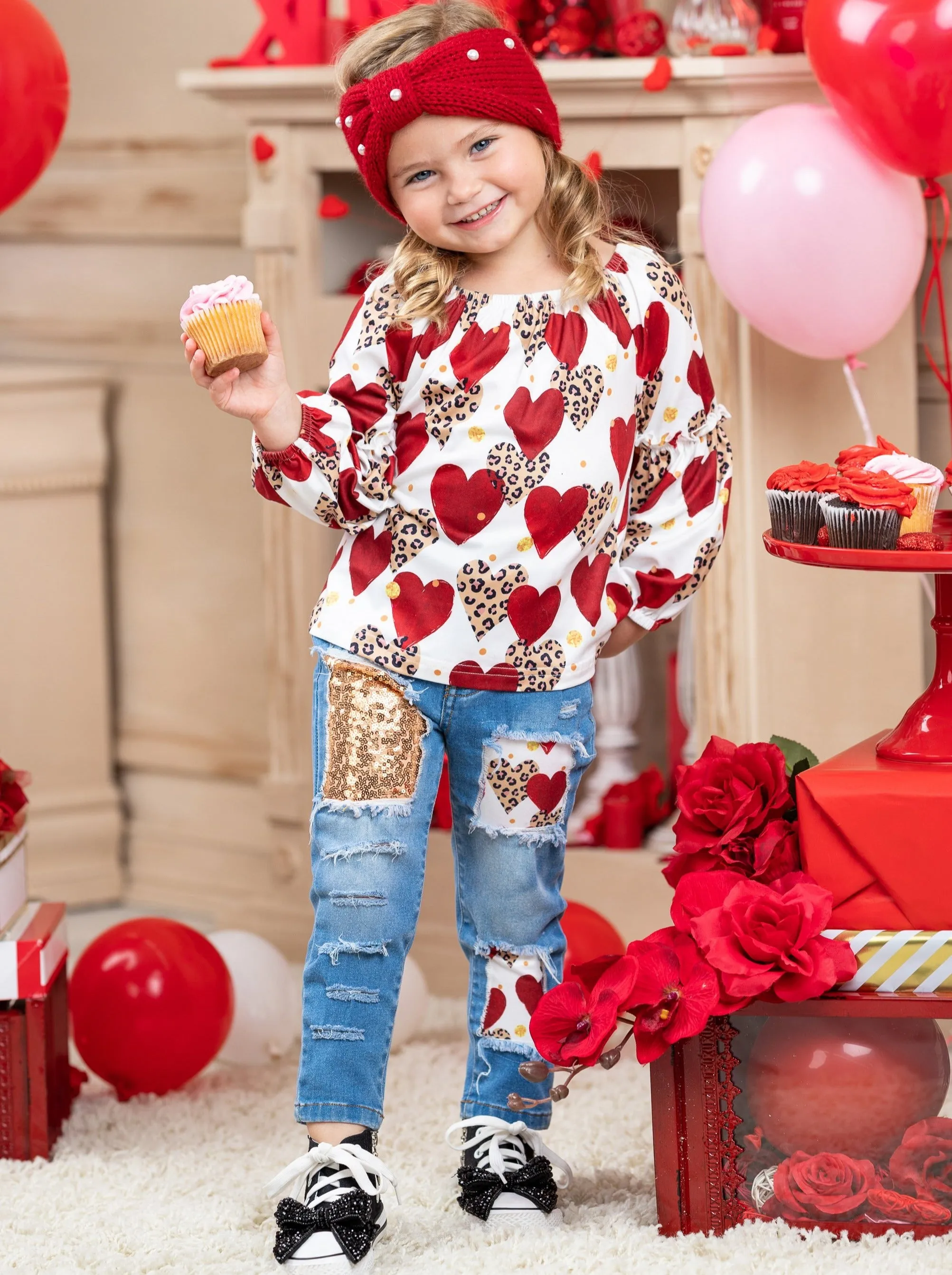 Leopard Print Love Patched Jeans Set