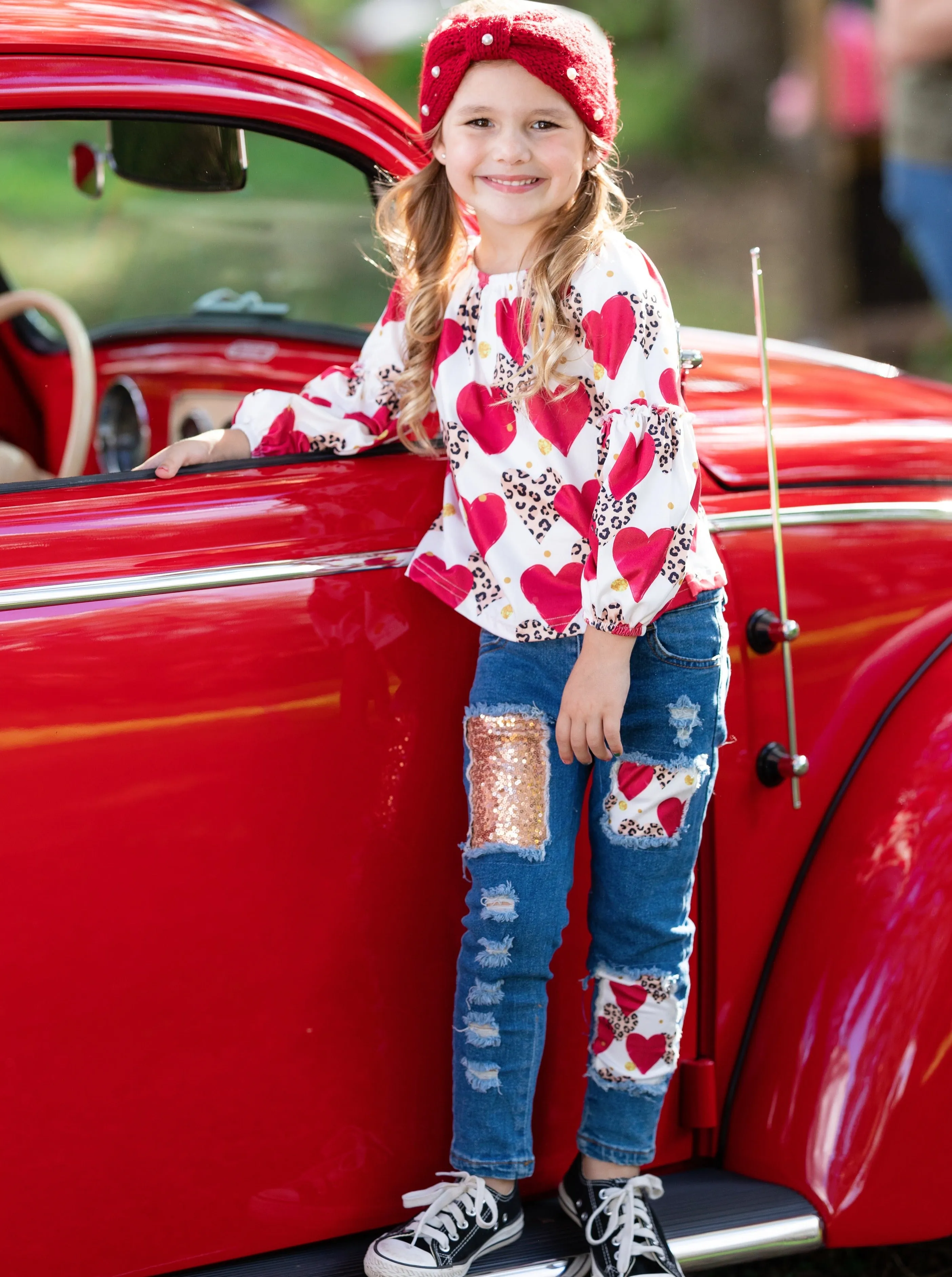 Leopard Print Love Patched Jeans Set