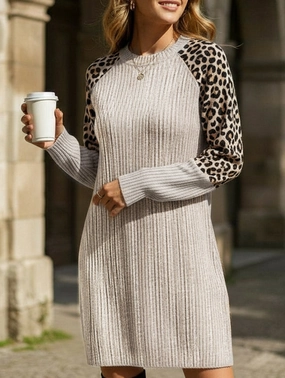 Soft Wear Leopard print long-sleeved round neck casual dress