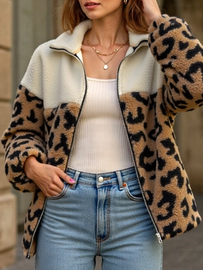Leopard print wool warm lapel coat Tencel Blend Fabric