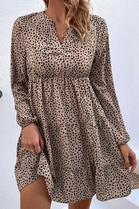 Vibrant Waist LEOPARD RUFFLE LONG SLEEVE DRESS