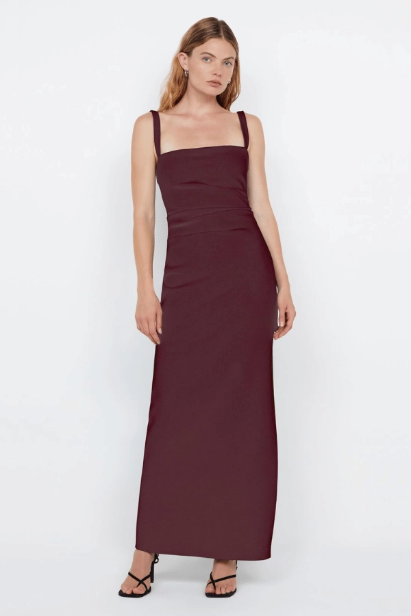 Satin-Finish Fashion-Forward Fit Leora Tuck Maxi Dress Plum