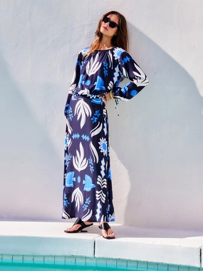 Lexi Skirt in Navy Print Linen Cotton Mix