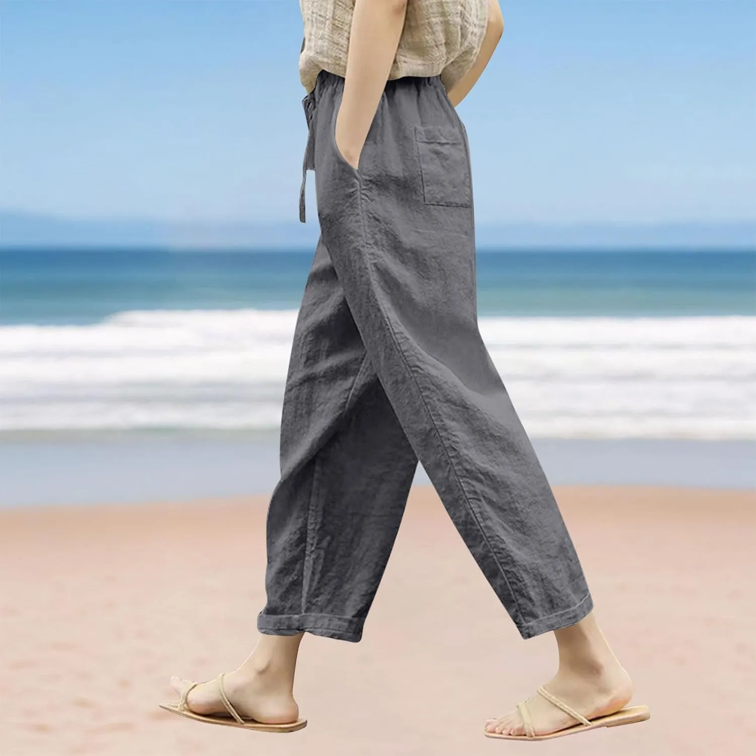 Liene Pants for Women,Womens Casual Summer 2025 Drawstring Elastic High Waist Pant Comfy Woman Trousers