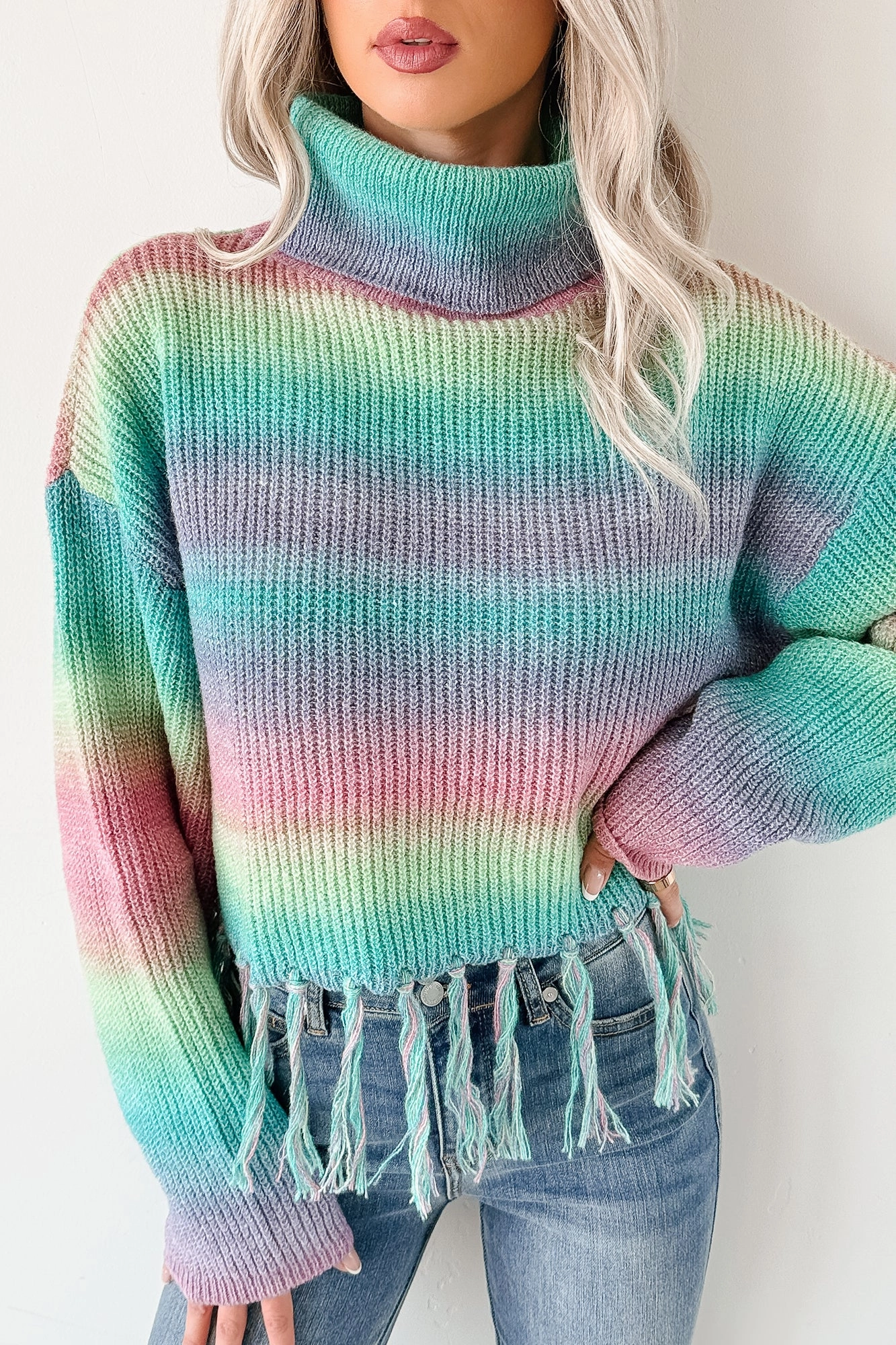 Life In Color Ombre Stripe Tassel Sweater (Sage Rainbow) Self Cleaning Coating