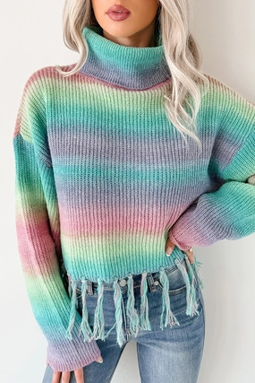 Life In Color Ombre Stripe Tassel Sweater (Sage Rainbow) Silicone Grip Interior