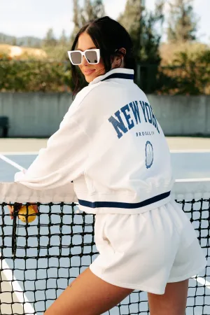 MultiPocket Brooklyn Strolls Embroidered Loungewear Set (Ivory/Blue)
