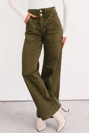 Henley Wide Leg Mica Denim Jeans (Fern Green) Non Binding Waist Reflective accents