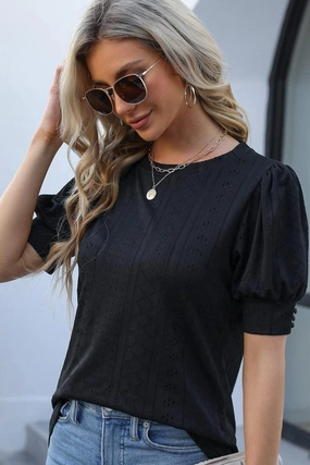 HOLLOW HOLE RIBBED SLEEVE CASUAL TOP Ribbed Hemline OdorControl Technology