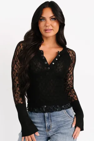 Be The Plot Long Sleeve Henley Lace Top (Black) NonIrritatingEdges EthicallySourcedMaterial