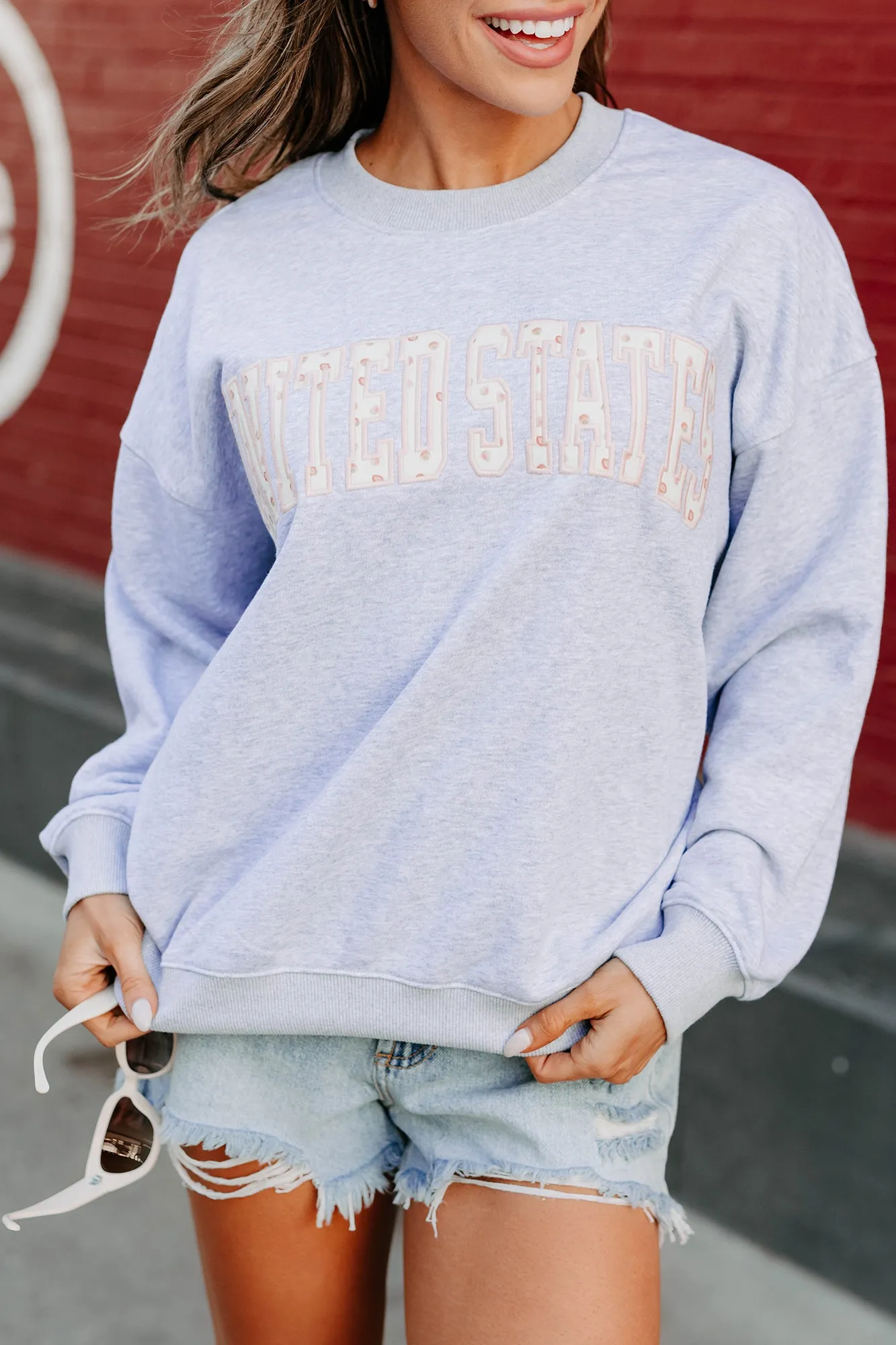 "United States" Strawberry Print Sweatshirt (Grey) CroppedLength Self Cleaning Coating