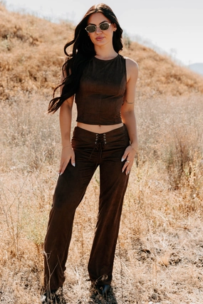 Unmatched Charm Lace-Up Suede Pants (Brown) Free Movement