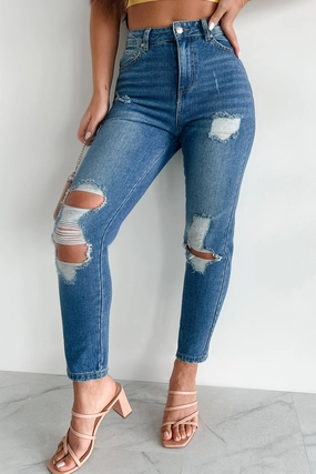 Stylish Wear Comfy All-Day Ariah High Rise Distressed Mom Jeans (Medium Denim)