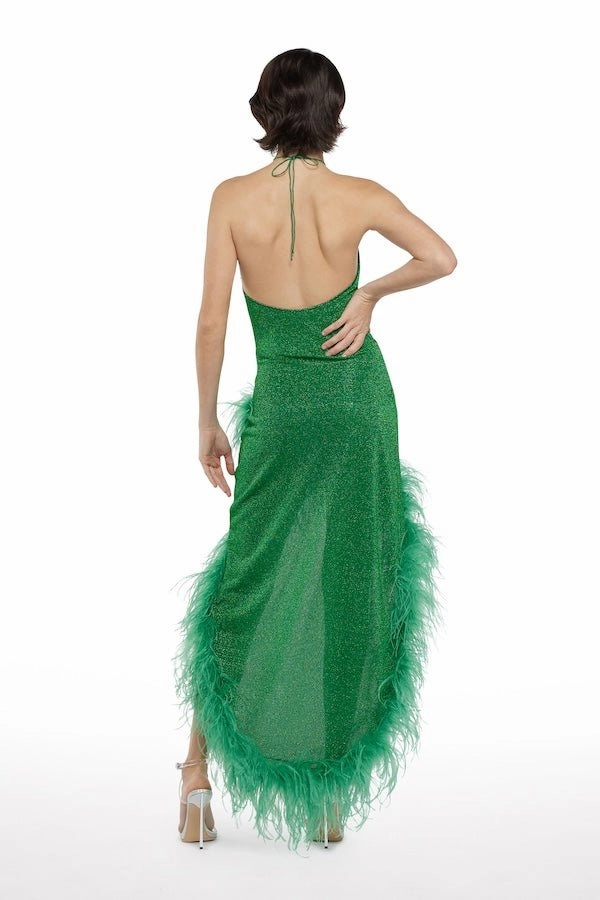 Glossy Fabric Lumiere Plumage Tulip Dress Emerald Green