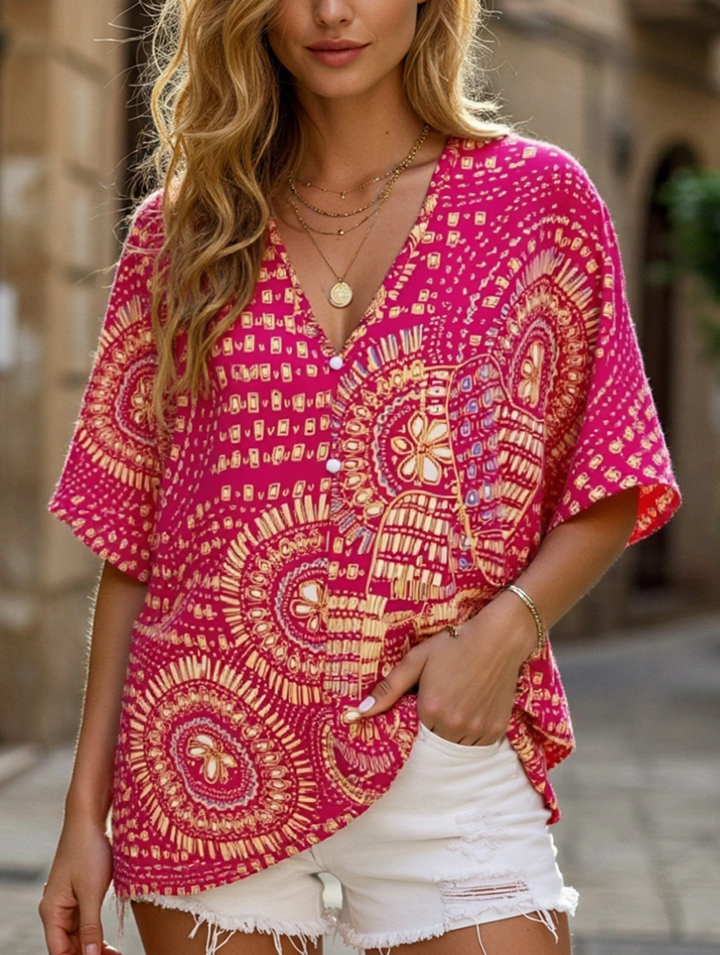 DoubleLayeredShoulders V-Neck Printed Resort-Style Bat-Sleeved Top ??Breezy & Chic Summer Essential