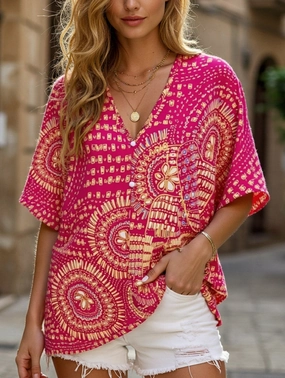 DoubleLayeredShoulders V-Neck Printed Resort-Style Bat-Sleeved Top ??Breezy & Chic Summer Essential
