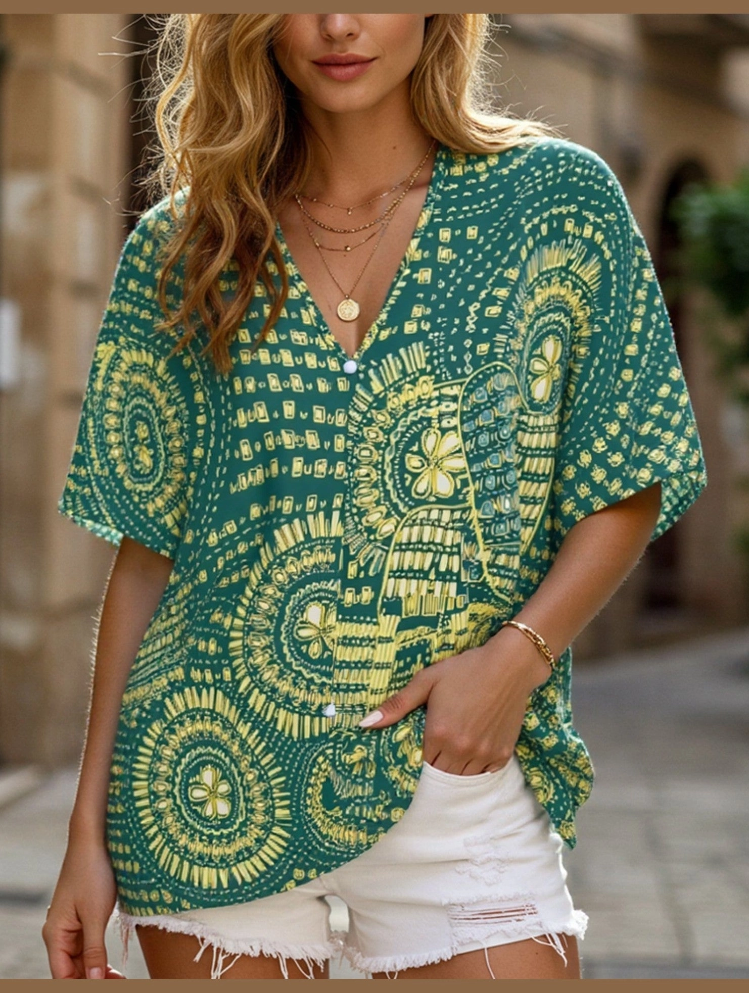 Stay Cool Technology Low Profile Zipper Closure V-Neck Printed Resort-Style Bat-Sleeved Top ??Breezy & Chic Summer Essential