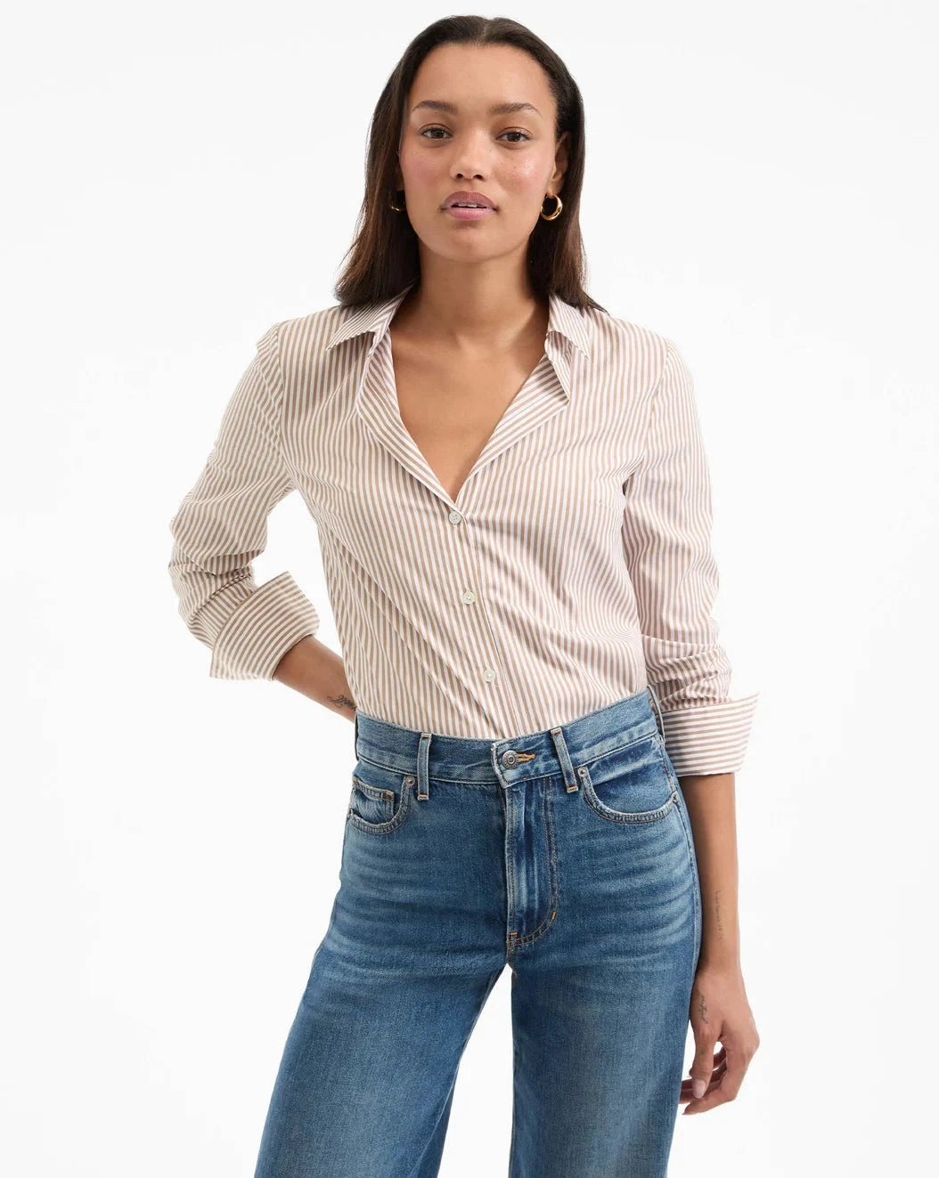 Lightweight Layering Option Amelia Button-Down Shirt Acorn/White