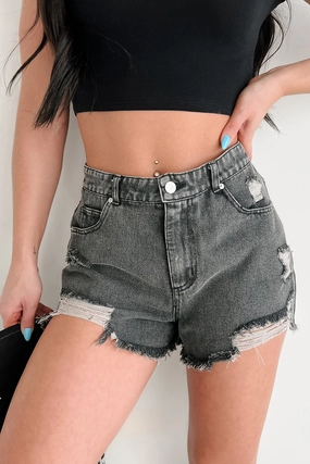 Lightweight Fabric Eco - friendly Avril High Rise Distressed Denim Shorts (Black)