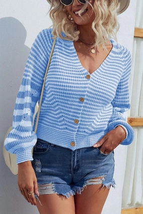 Breathable back panel BUTTON DOWN STRIPE KNITTED SHORT CARDIGAN