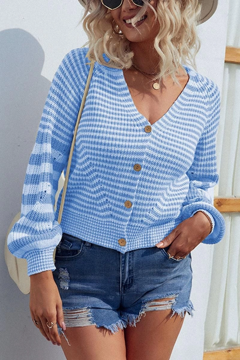 Durable Fiber Blend SheerLayering BUTTON DOWN STRIPE KNITTED SHORT CARDIGAN