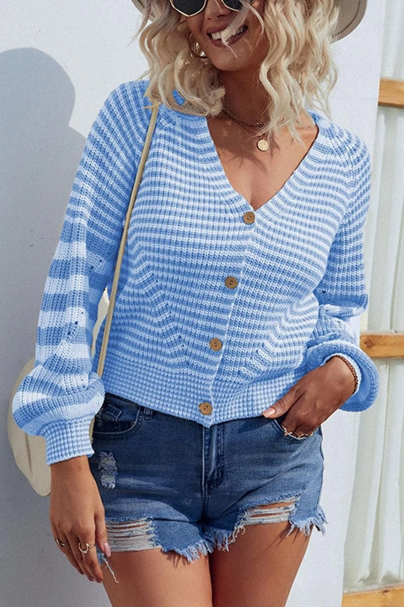 Fitted Design BUTTON DOWN STRIPE KNITTED SHORT CARDIGAN