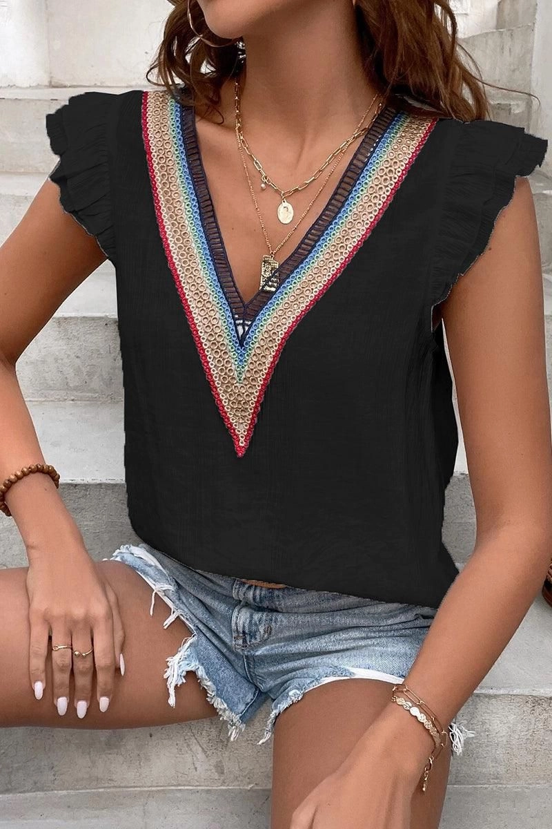 NonRestrictiveSilhouette MULTICOLOR LACE V NECK RUFFLE SHORT SLEEVE TOP