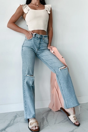 Body Ready Enid High Rise Distressed Sneak Peek Straight Leg Jeans (Medium Light)