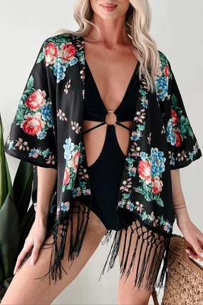 DurableZipper Like A Blooming Rose In Spring Floral Kimono Shawl (Black)