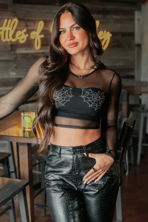 Limitless Vision Mesh Rhinestone Spider Web Top (Black) Modern Design Long Sleeve Tee