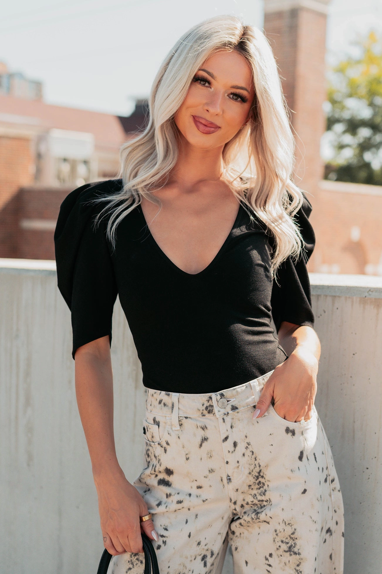Limitless Nights Deep V Puff Sleeve FORE Bodysuit (Black) Elasticated Hem AllPurpose Design