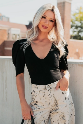 Sustainable Textile Circular Knit Limitless Nights Deep V Puff Sleeve FORE Bodysuit (Black)